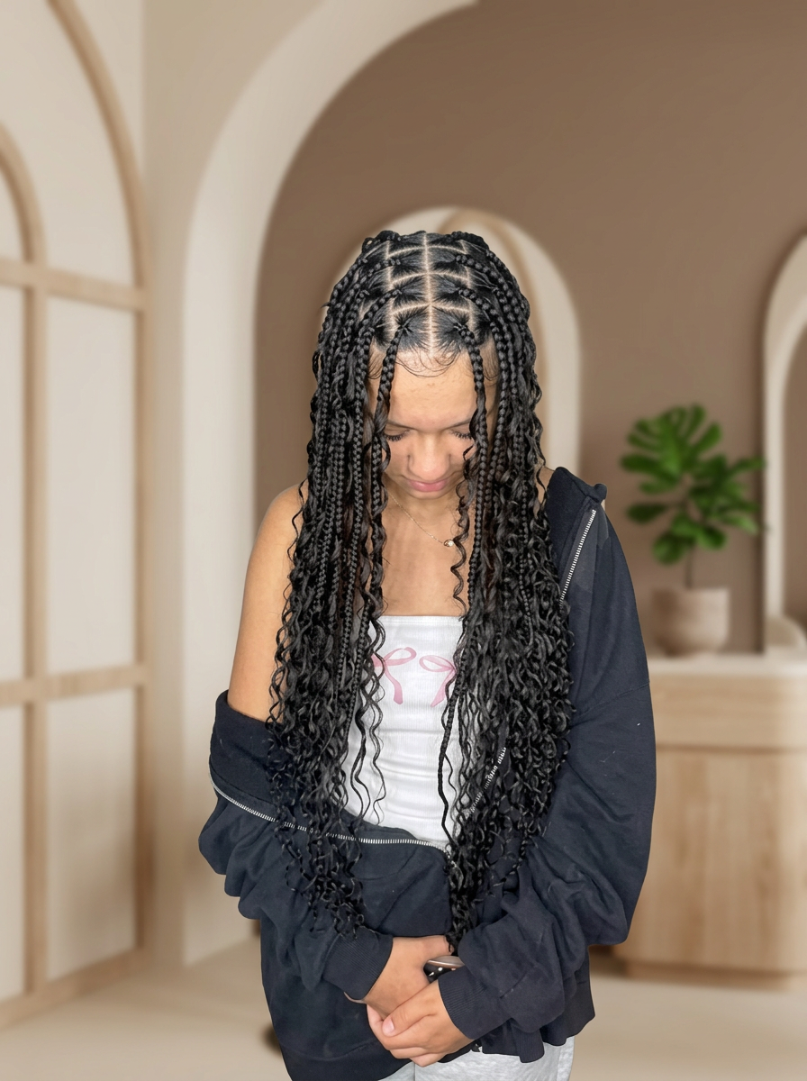 Client wearing large boho braids by Braided Crown Clinic